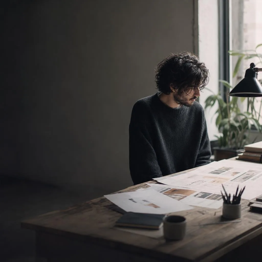 A designer refining layouts at a bright, focused studio desk